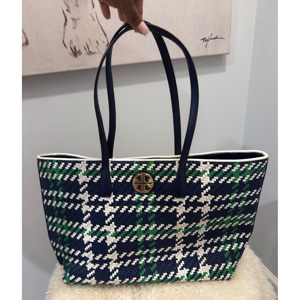 NWT Tory Burch Duet Woven Leather Tote Royal Navy Court Green Bag